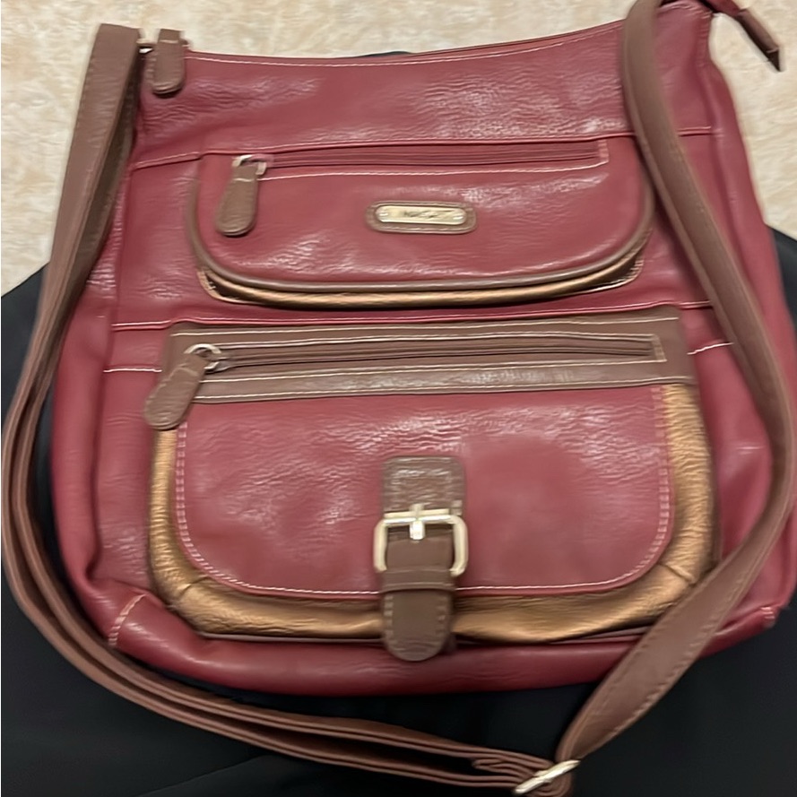Elegant Red And Brown Crossbody Bag With Leather Finish